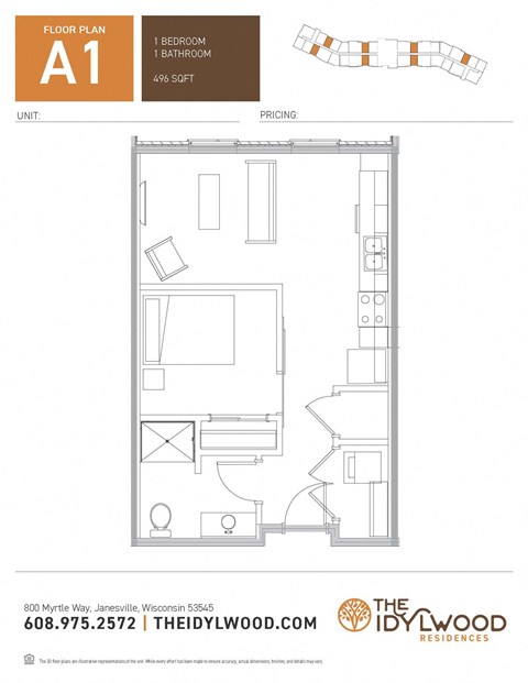 Floor plan for studio, 1 bath, 496 sqft